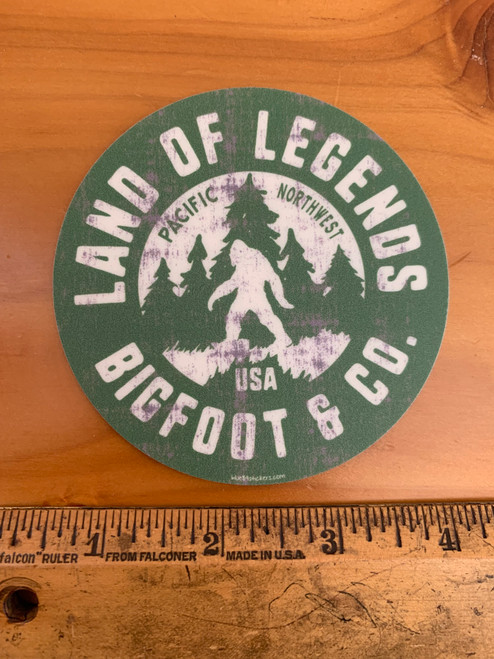 Land of Legends Bigfoot Sasquatch Pacific Northwest Trees Vinyl Sticker Decal